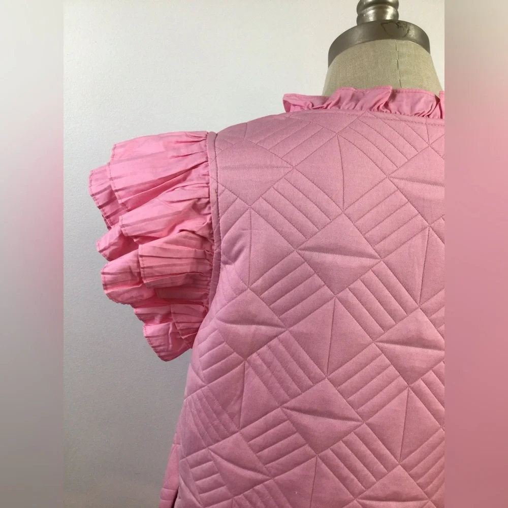 NWOT Pink Ruffle Sleeve Quilted Dress Midi, sz Large - Picture 7 of 11